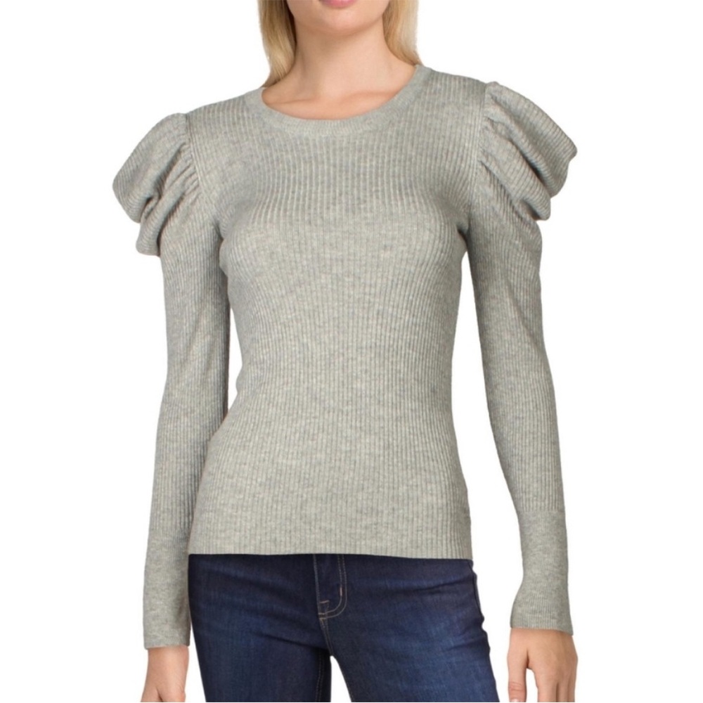 7 For All Mankind Gray Wool Blend Long Puff Sleeve Knit Sweater